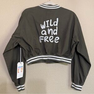 April Kiss Olive Green Crop Jacket Medium Wild & Free Embroidery NWT